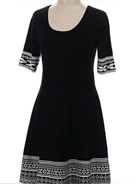Nina Leonard Black Knit A-Line Dress with Geometric Trim Size XL